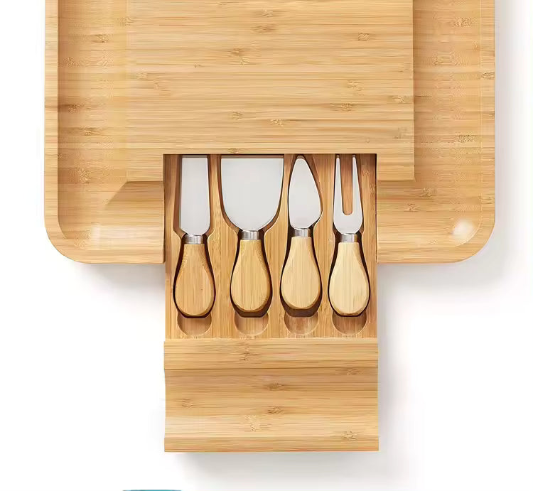 Tabla Para Quesos De Madera Bambú + 4 ac
